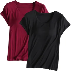 2 Pack Tops with Built in Bra for Women Short Sleeve Crewneck Solid Basic Tee Shirts Summer Loose Fit Soft Pajama Tops