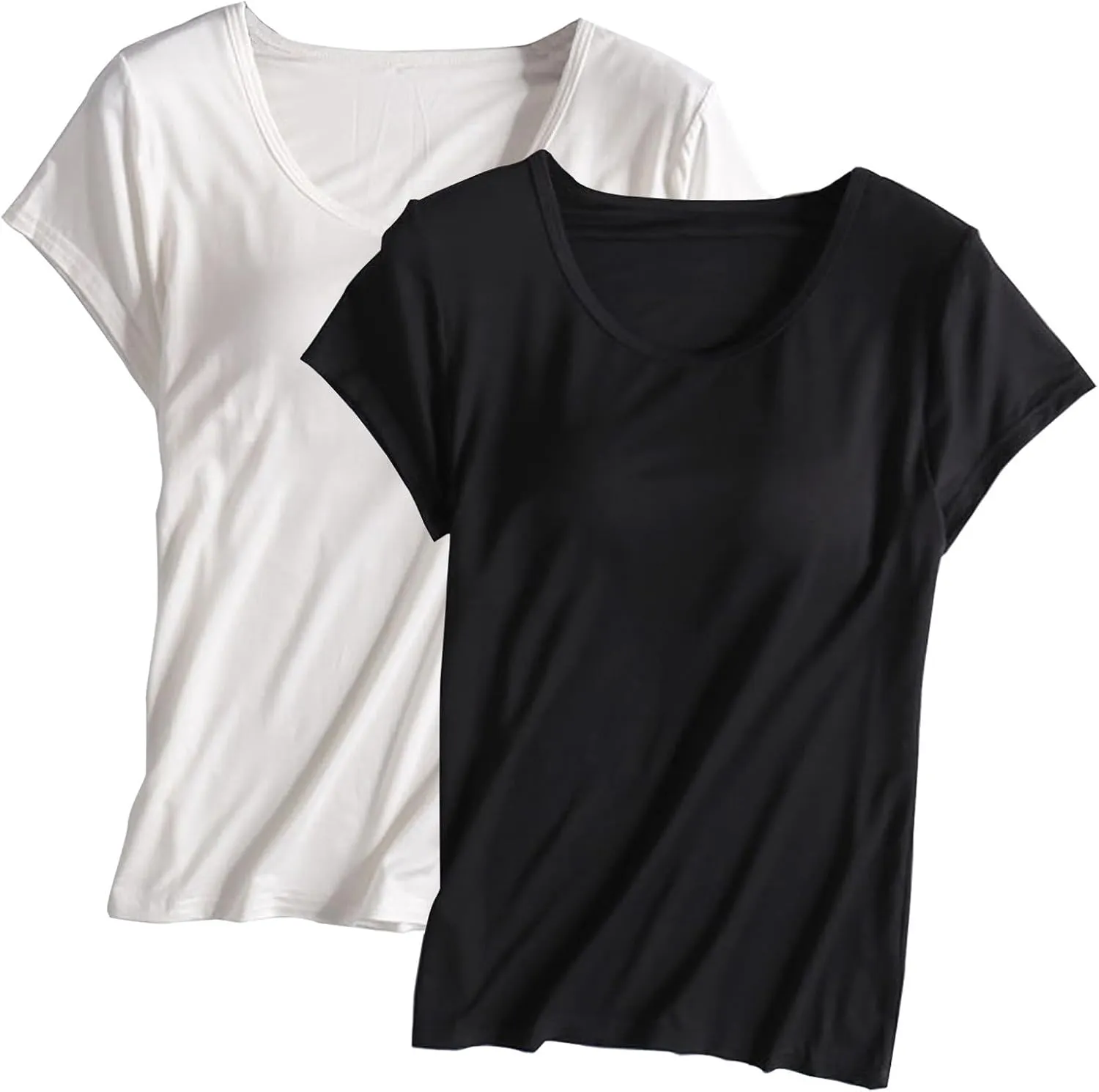 2 Pack Tops with Built in Bra for Women Short Sleeve Crewneck Solid Basic Tee Shirts Summer Loose Fit Soft Pajama Tops
