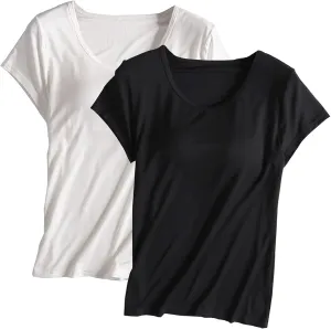 2 Pack Tops with Built in Bra for Women Short Sleeve Crewneck Solid Basic Tee Shirts Summer Loose Fit Soft Pajama Tops