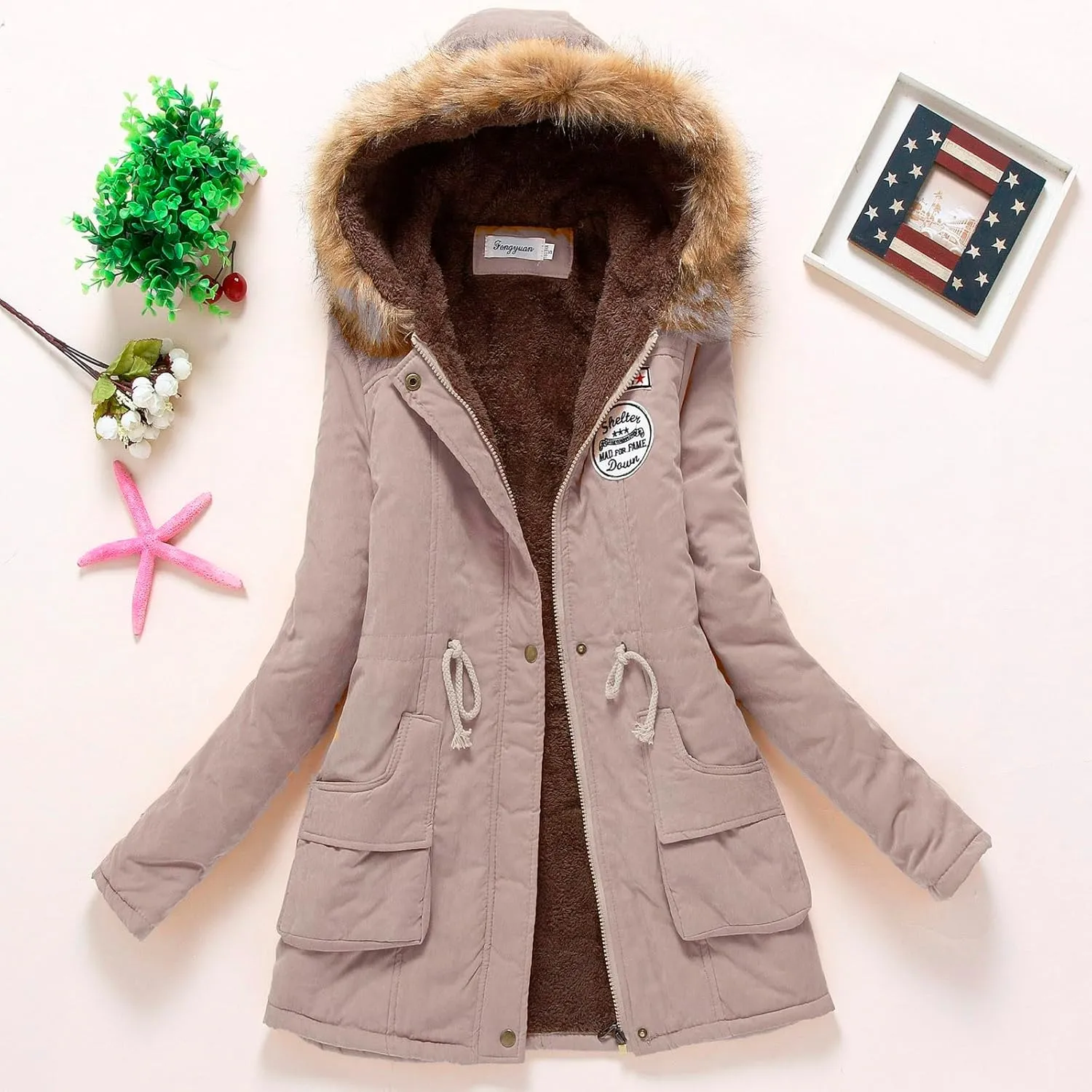 2024 Winter Thick Solid Fleece Coat for Womens Hooded Long Sleeve Zip Up Overcoat Insulated Soft Fitted Daily Outwear