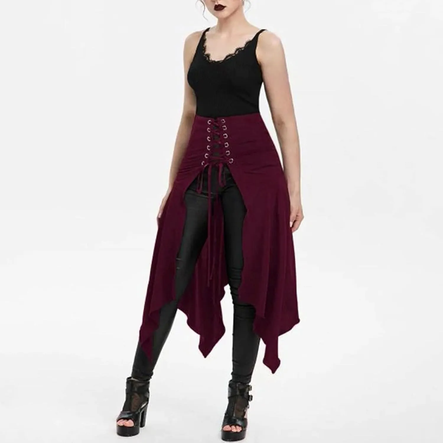 2025 Halloween Goth High Waisted Long Skirts for Women Trendy Asymmetrical High Split Skirts Hem Ruched Flowy Skirt