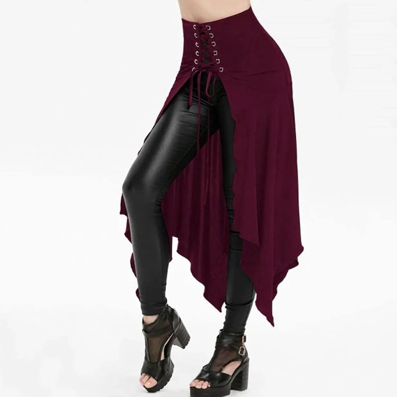 2025 Halloween Goth High Waisted Long Skirts for Women Trendy Asymmetrical High Split Skirts Hem Ruched Flowy Skirt