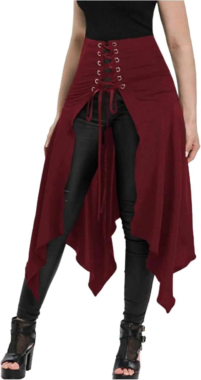 2025 Halloween Goth High Waisted Long Skirts for Women Trendy Asymmetrical High Split Skirts Hem Ruched Flowy Skirt