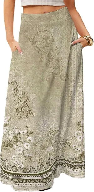 2025 Summer Flowy Long Maxi Skirts for Women Boho Floral High Waisted Casual Pleated Beach A Line Skirt with Pocket