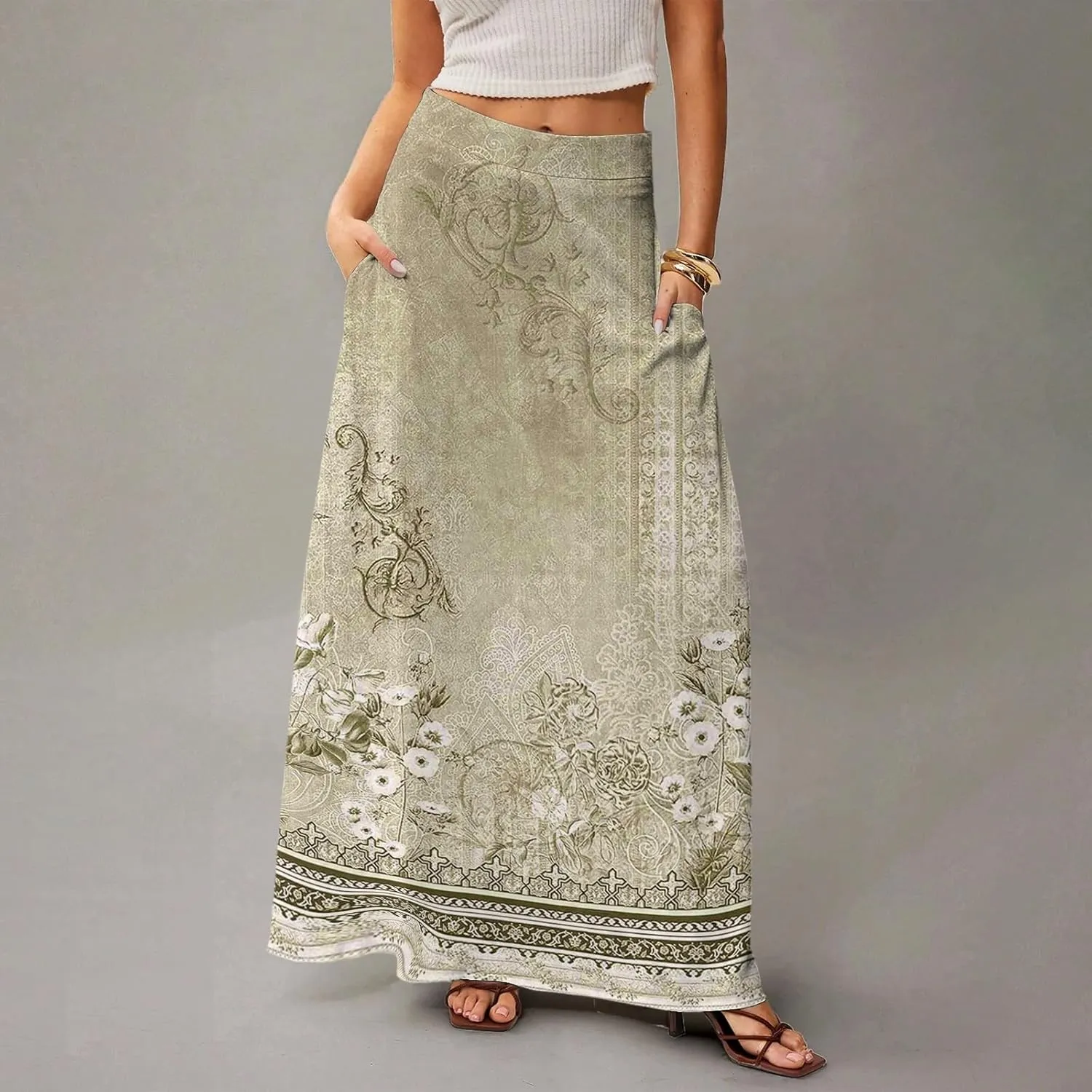 2025 Summer Flowy Long Maxi Skirts for Women Boho Floral High Waisted Casual Pleated Beach A Line Skirt with Pocket