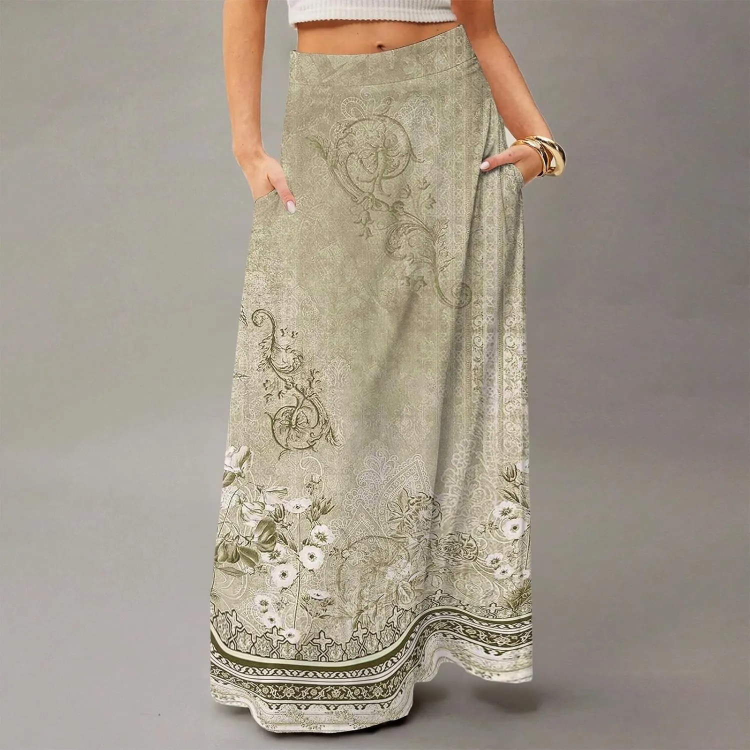 2025 Summer Flowy Long Maxi Skirts for Women Boho Floral High Waisted Casual Pleated Beach A Line Skirt with Pocket
