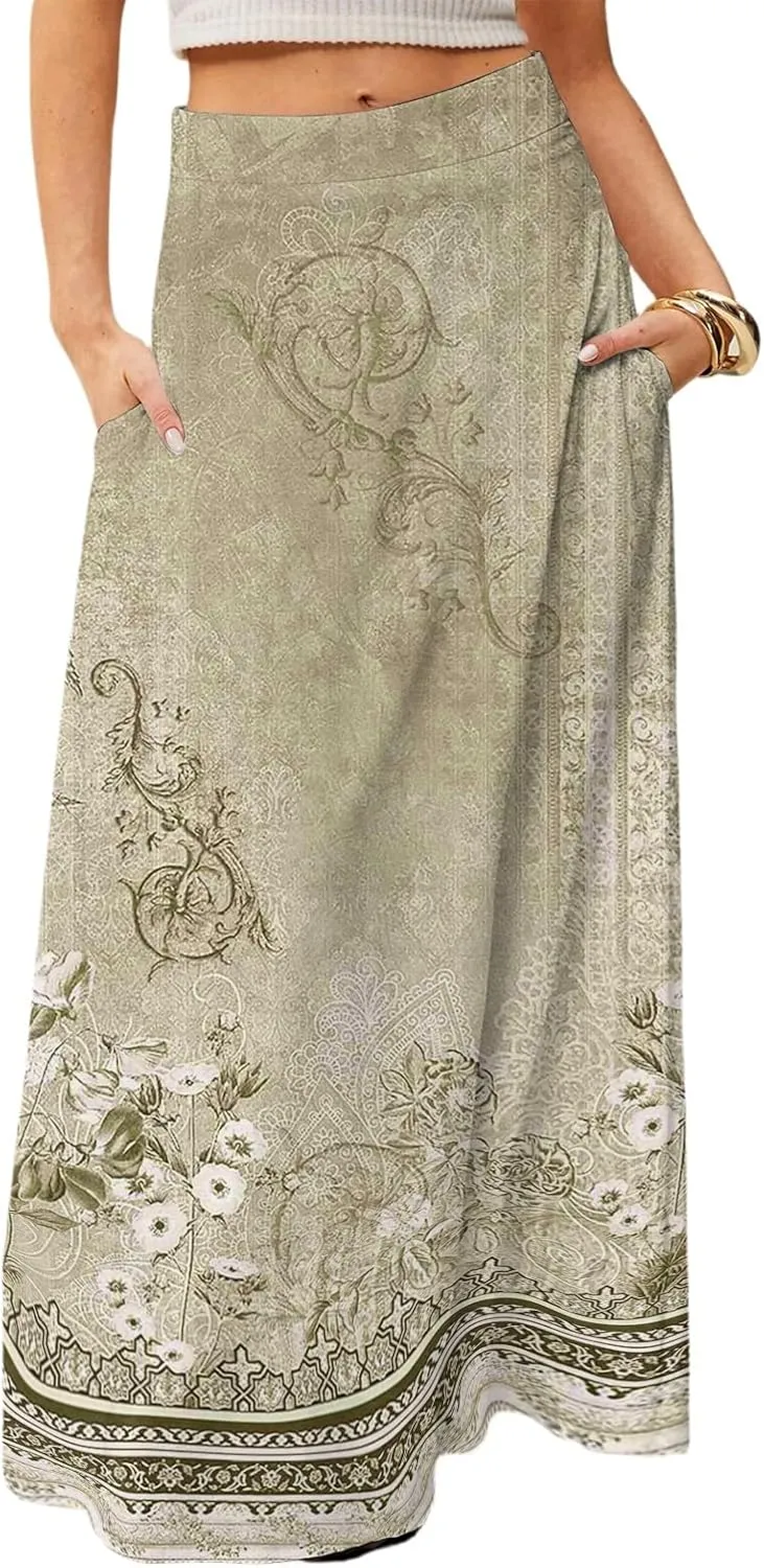 2025 Summer Flowy Long Maxi Skirts for Women Boho Floral High Waisted Casual Pleated Beach A Line Skirt with Pocket