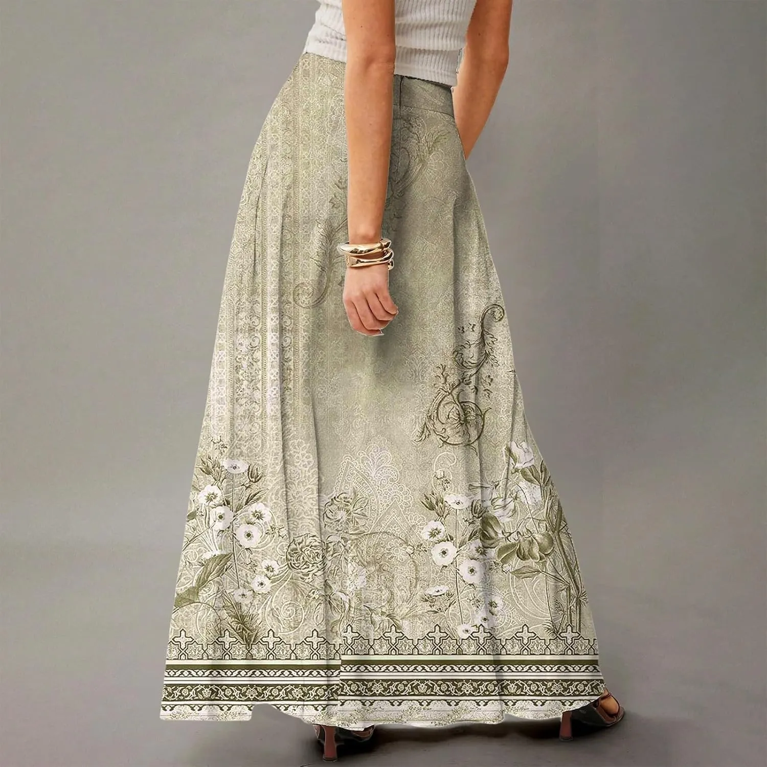 2025 Summer Flowy Long Maxi Skirts for Women Boho Floral High Waisted Casual Pleated Beach A Line Skirt with Pocket