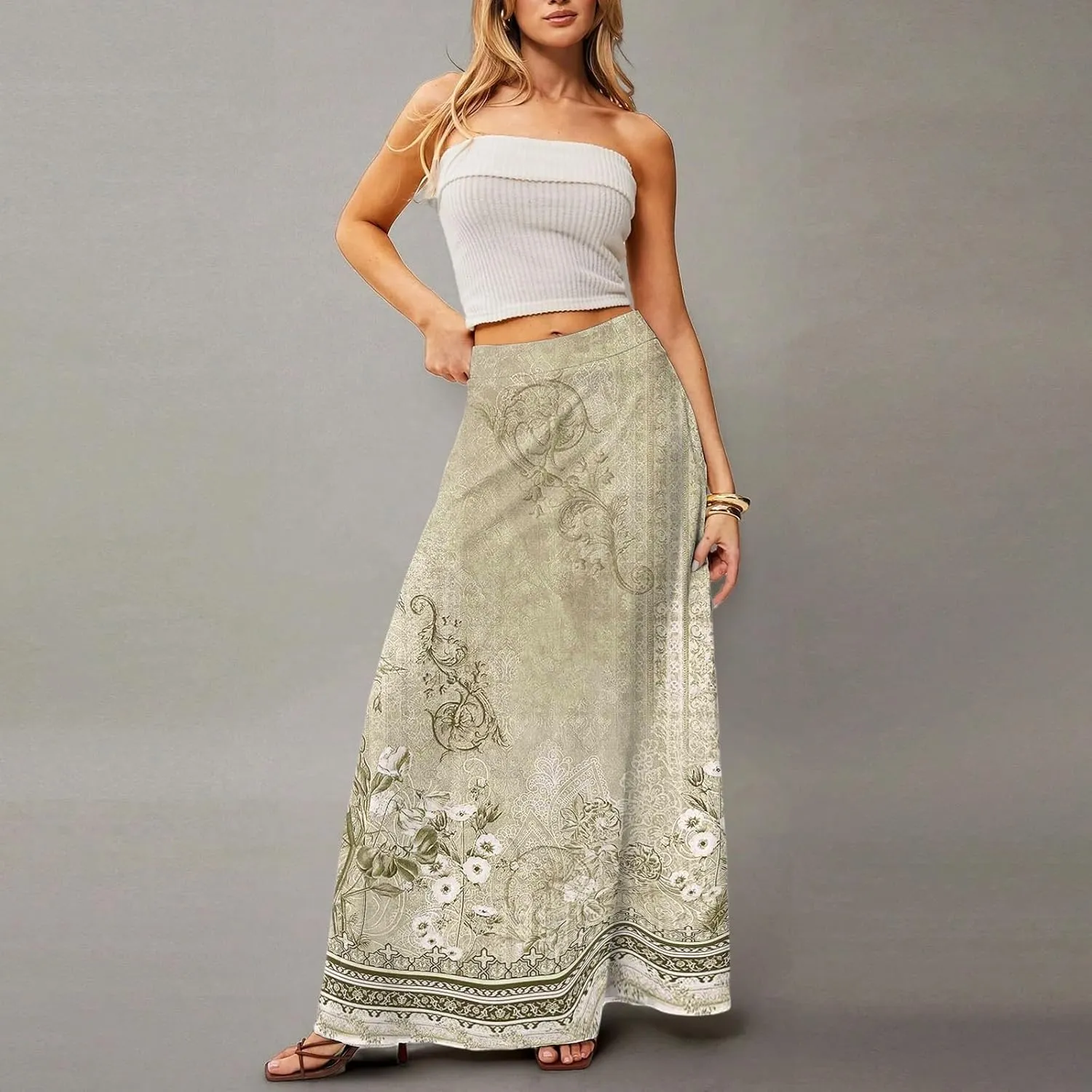 2025 Summer Flowy Long Maxi Skirts for Women Boho Floral High Waisted Casual Pleated Beach A Line Skirt with Pocket