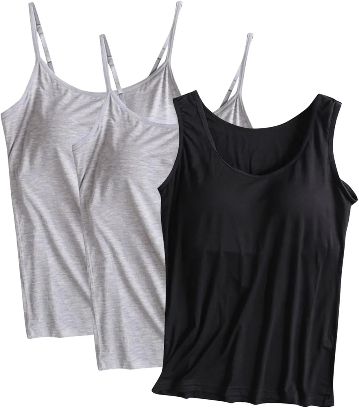 3 Pack Built-in Bra Undershirts,Women Tank Tops and Camisole,Summer Soft Comfy Modal Scoop Neck Yoga Workout Tees