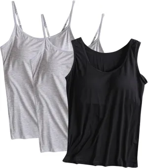 3 Pack Built-in Bra Undershirts,Women Tank Tops and Camisole,Summer Soft Comfy Modal Scoop Neck Yoga Workout Tees
