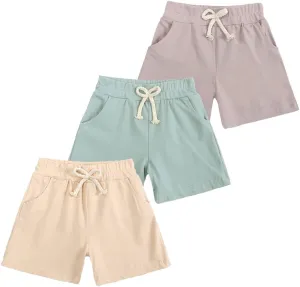 3-Pack Little Boys Girls Shorts with Drawstring and Pockets Toddler Kids Summer Solid Cotton Bottoms