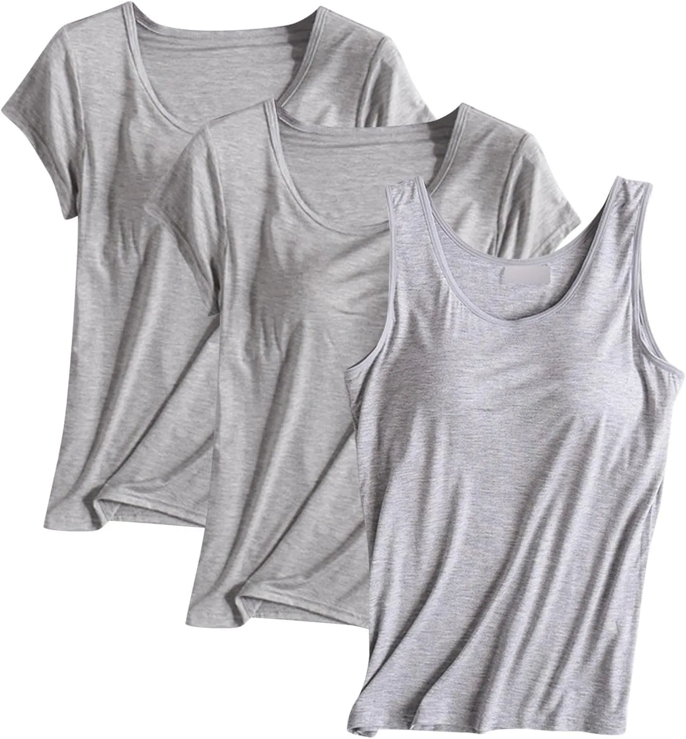 3 Pack Women T-Shirts & Tank Tops,Summer Soft Comfy Modal Built-in Bra Undershirts Scoop Neck Yoga Workout Tees