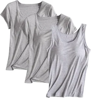 3 Pack Women T-Shirts & Tank Tops,Summer Soft Comfy Modal Built-in Bra Undershirts Scoop Neck Yoga Workout Tees