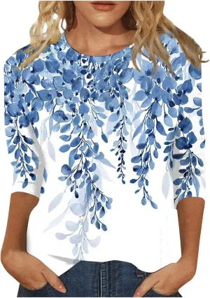 3/4 Length Sleeve Shirts for Women 2025 Casual Summer Blouses Crewneck Floral Printed Cute Loose Fit Tops