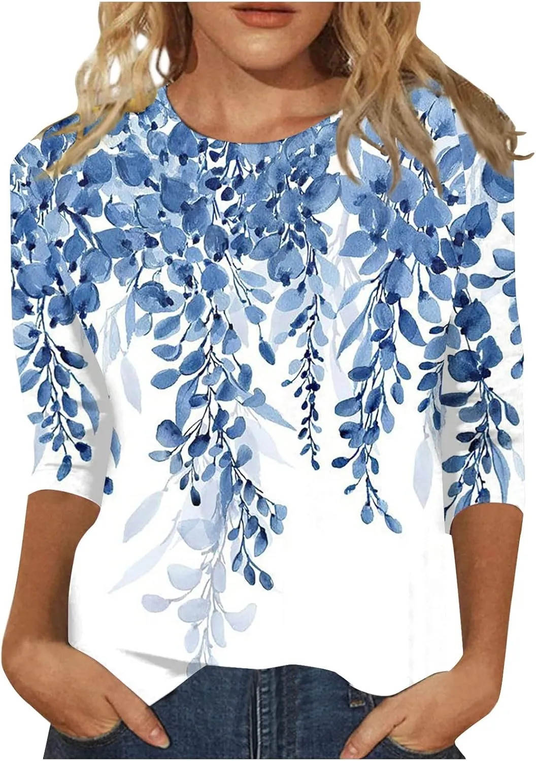 3/4 Length Sleeve Shirts for Women 2025 Casual Summer Blouses Crewneck Floral Printed Cute Loose Fit Tops