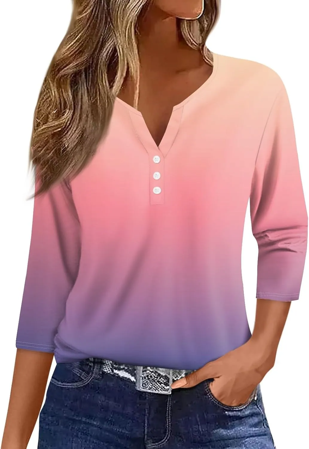 3/4 Length Sleeve Womens Tops Dressy Casual T-Shirt V Neck Button Down Shirts Floral Blouses