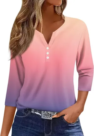 3/4 Length Sleeve Womens Tops Dressy Casual T-Shirt V Neck Button Down Shirts Floral Blouses