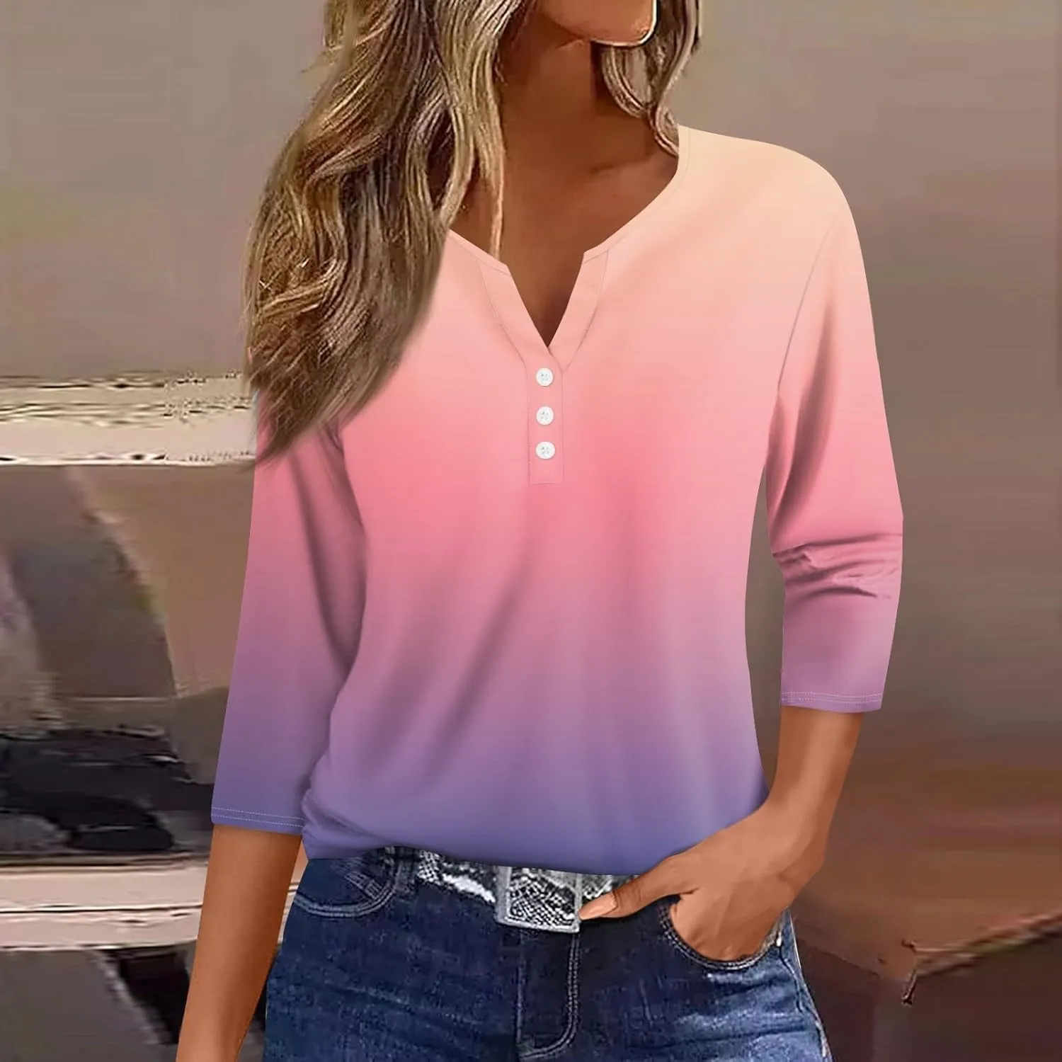 3/4 Length Sleeve Womens Tops Dressy Casual T-Shirt V Neck Button Down Shirts Floral Blouses