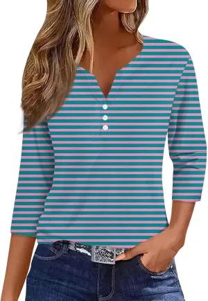 3/4 Length Sleeve Womens Tops Henley Neck 2025 Summer Shirts Three Quarter Sleeve Petite Tshirts