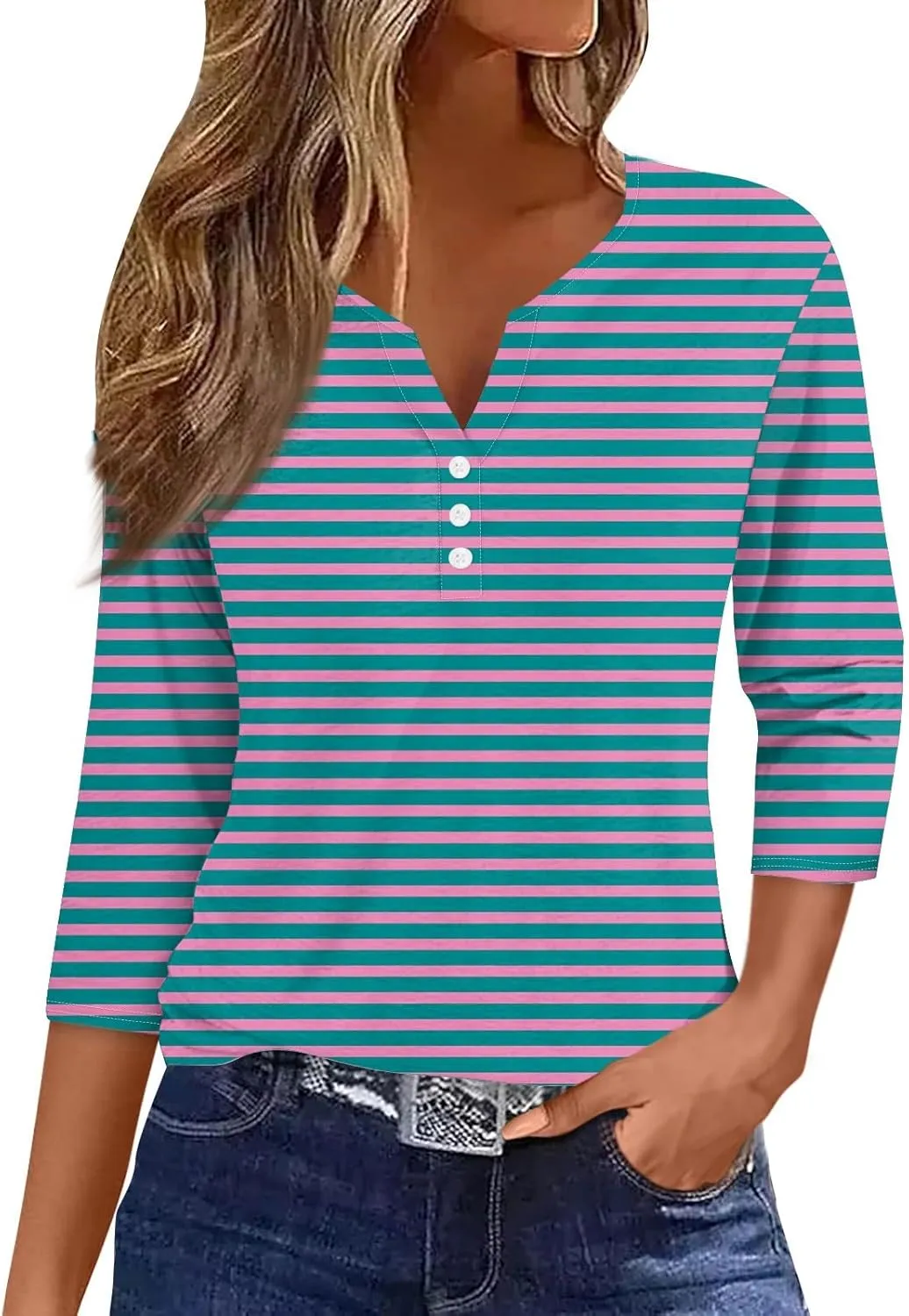3/4 Length Sleeve Womens Tops Henley Neck 2025 Summer Shirts Three Quarter Sleeve Petite Tshirts