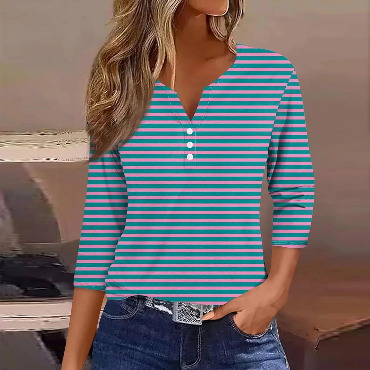 3/4 Length Sleeve Womens Tops Henley Neck 2025 Summer Shirts Three Quarter Sleeve Petite Tshirts
