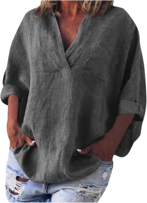3/4 Sleeve Linen Tops for Women 2025 Oversized Loose Fit V Neck Shirts Summer Casual Beach Tunic Blouse Tee Sun Shirts