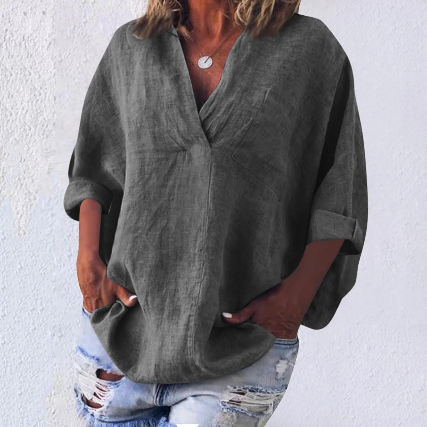 3/4 Sleeve Linen Tops for Women 2025 Oversized Loose Fit V Neck Shirts Summer Casual Beach Tunic Blouse Tee Sun Shirts