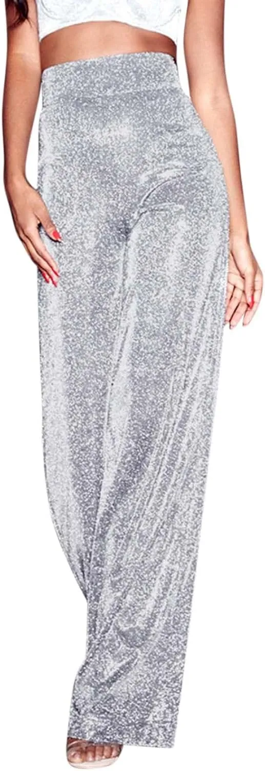 70s Pants for Women Sequin Glitter Sparkly Wide Leg Palazzo Pants High Waist Straight Casual Trousers Party Clubwear