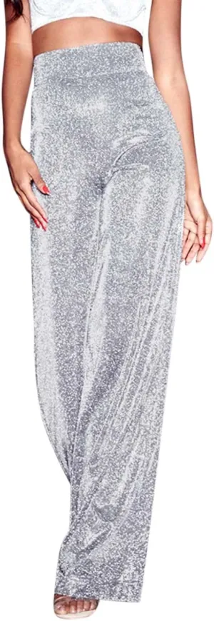 70s Pants for Women Sequin Glitter Sparkly Wide Leg Palazzo Pants High Waist Straight Casual Trousers Party Clubwear