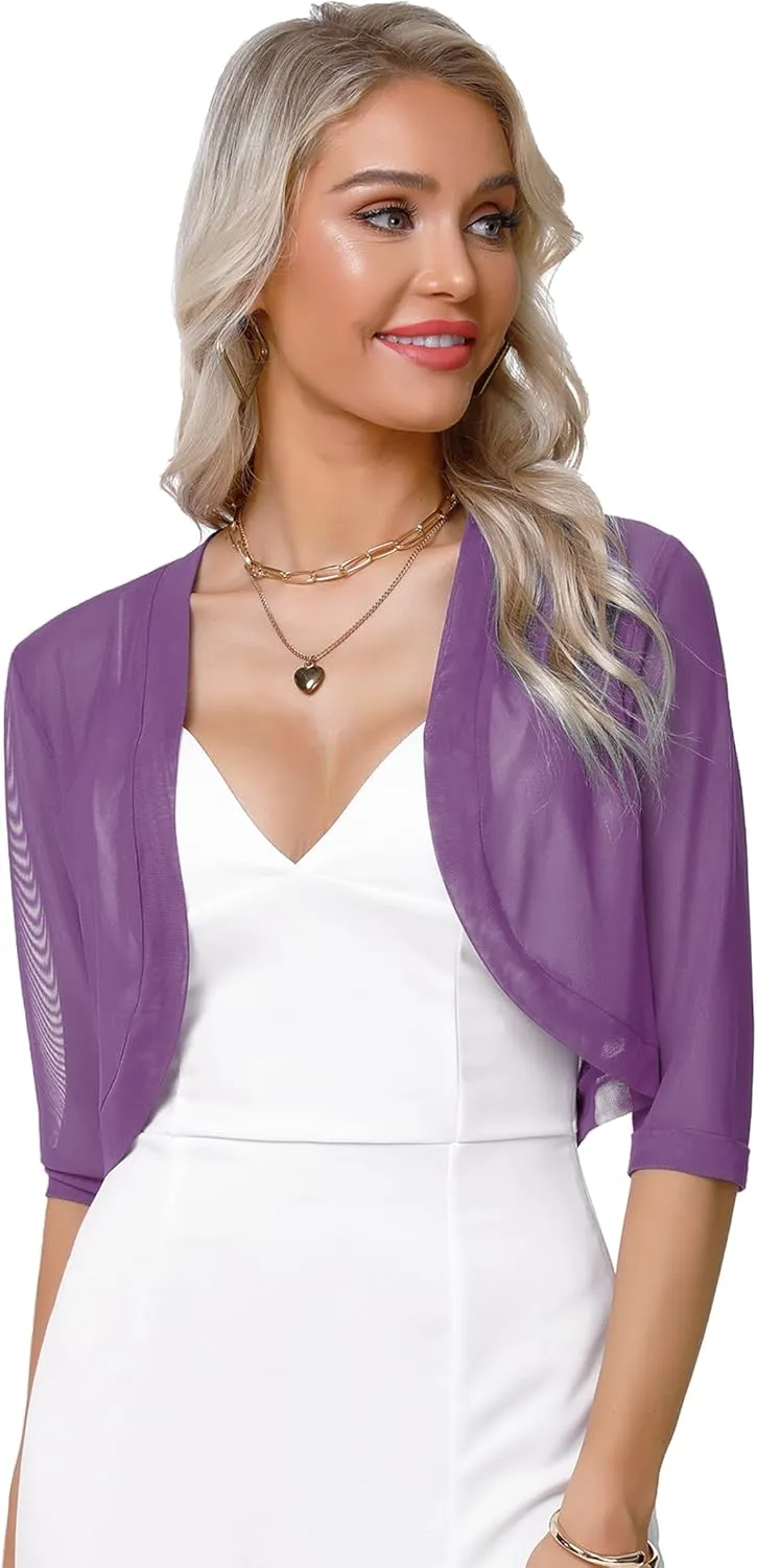 Aiboria Women 3/4 Sleeve Sheer Shrugs Open Front Mesh Bolero Cropped Cardigan S-XXL
