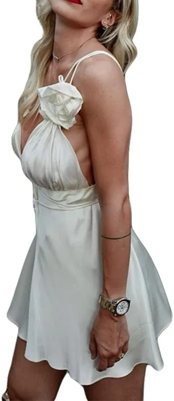 Argeousgor Women Sexy Spaghetti Strap Low Cut Sling Dress Summer Backless Sleeveless Slim Mini Dress Glitter TikTok Dresses