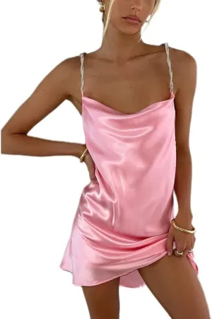 Argeousgor Women Sexy Spaghetti Strap Low Cut Sling Dress Summer Backless Sleeveless Slim Mini Dress Glitter TikTok Dresses