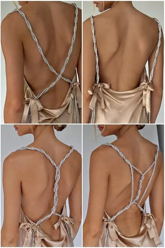 Argeousgor Women Sexy Spaghetti Strap Low Cut Sling Dress Summer Backless Sleeveless Slim Mini Dress Glitter TikTok Dresses