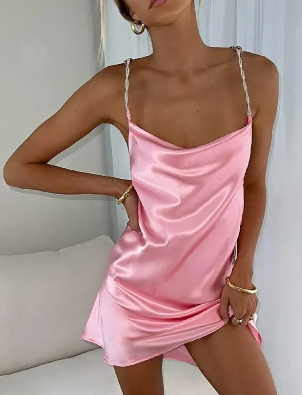 Argeousgor Women Sexy Spaghetti Strap Low Cut Sling Dress Summer Backless Sleeveless Slim Mini Dress Glitter TikTok Dresses