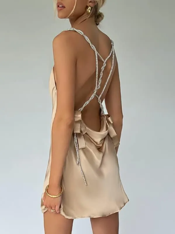 Argeousgor Women Sexy Spaghetti Strap Low Cut Sling Dress Summer Backless Sleeveless Slim Mini Dress Glitter TikTok Dresses