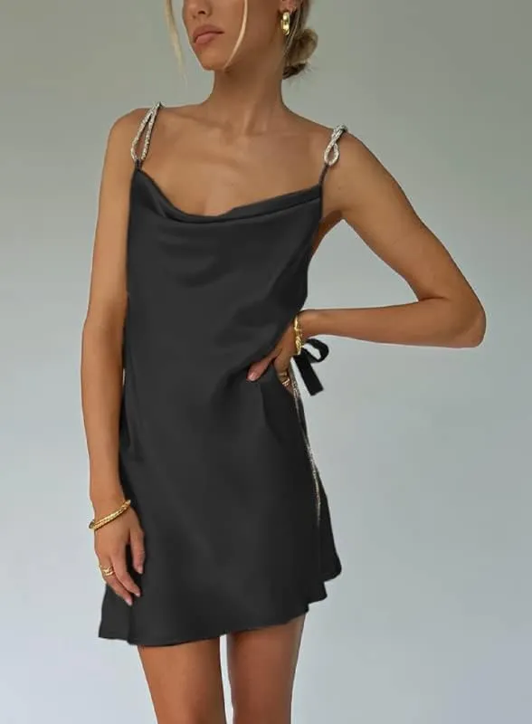 Argeousgor Women Sexy Spaghetti Strap Low Cut Sling Dress Summer Backless Sleeveless Slim Mini Dress Glitter TikTok Dresses