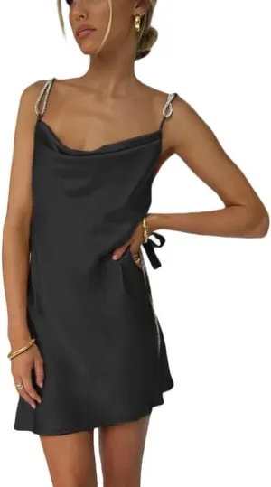 Argeousgor Women Sexy Spaghetti Strap Low Cut Sling Dress Summer Backless Sleeveless Slim Mini Dress Glitter TikTok Dresses