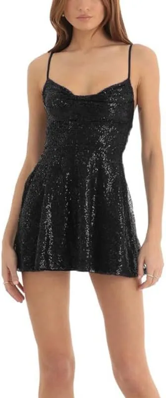 Argeousgor Women Sparkly Sequin Mini Dress Spaghetti Strap Backless Ruche High Waist Short Dresses Elegant Party Dress