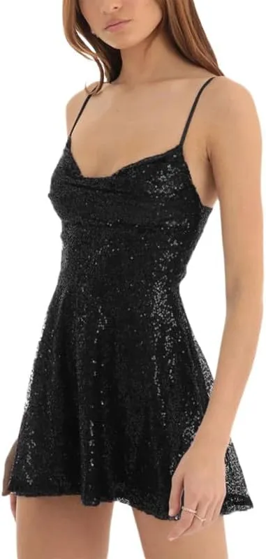 Argeousgor Women Sparkly Sequin Mini Dress Spaghetti Strap Backless Ruche High Waist Short Dresses Elegant Party Dress