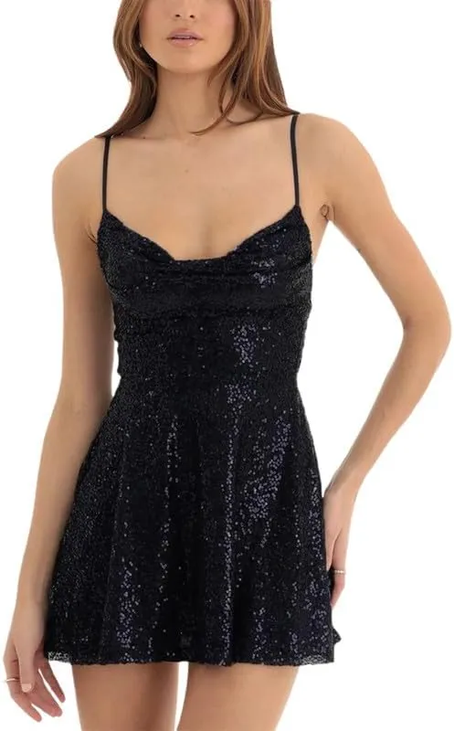Argeousgor Women Sparkly Sequin Mini Dress Spaghetti Strap Backless Ruche High Waist Short Dresses Elegant Party Dress