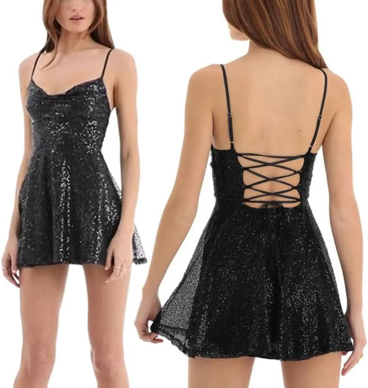Argeousgor Women Sparkly Sequin Mini Dress Spaghetti Strap Backless Ruche High Waist Short Dresses Elegant Party Dress