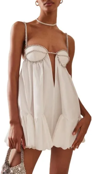 Argeousgor Women Sparkly Sequin Mini Dress Spaghetti Strap Backless Ruche High Waist Short Dresses Elegant Party Dress