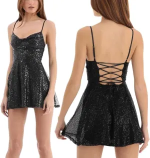 Argeousgor Women Sparkly Sequin Mini Dress Spaghetti Strap Backless Ruche High Waist Short Dresses Elegant Party Dress