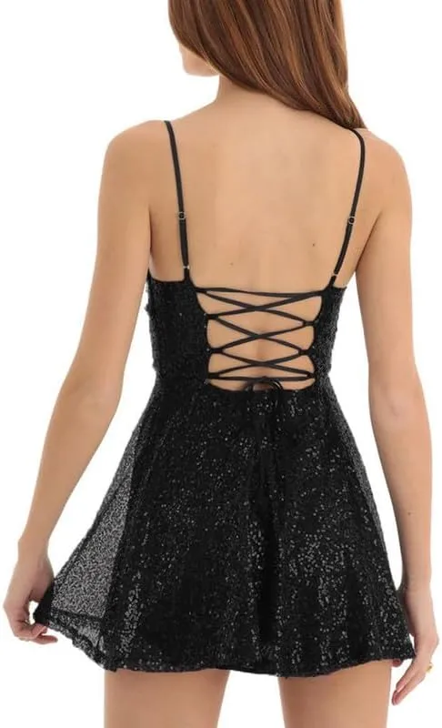 Argeousgor Women Sparkly Sequin Mini Dress Spaghetti Strap Backless Ruche High Waist Short Dresses Elegant Party Dress