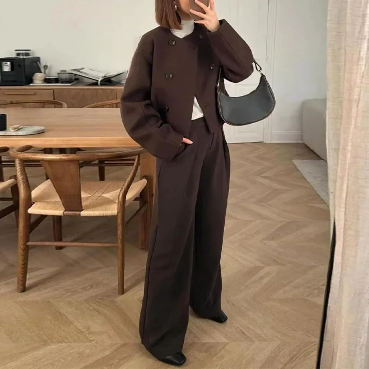 Autumn Vintage Wool Blends Coat Women Double Breasted O Neck Long Sleeve Short Jackets Female Street Chic Outerwear