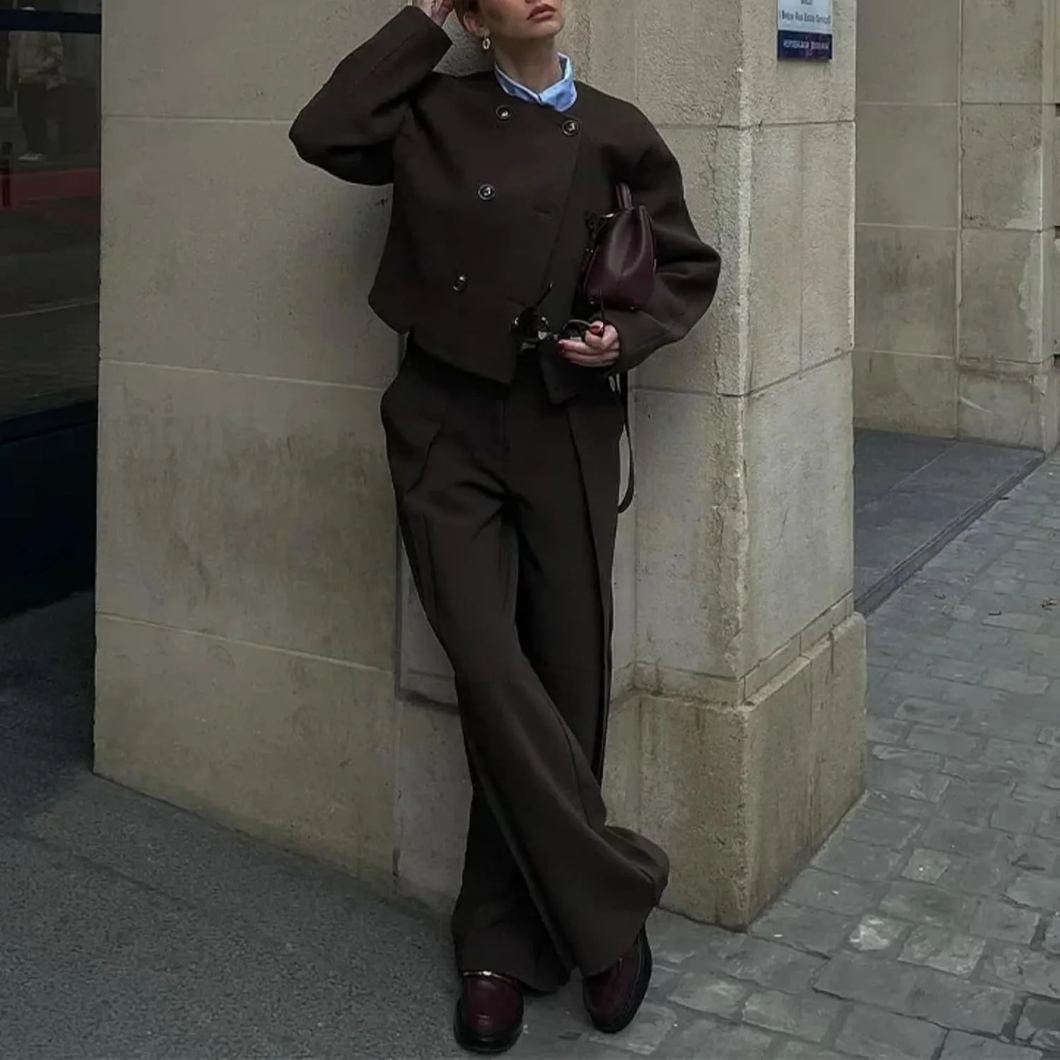 Autumn Vintage Wool Blends Coat Women Double Breasted O Neck Long Sleeve Short Jackets Female Street Chic Outerwear
