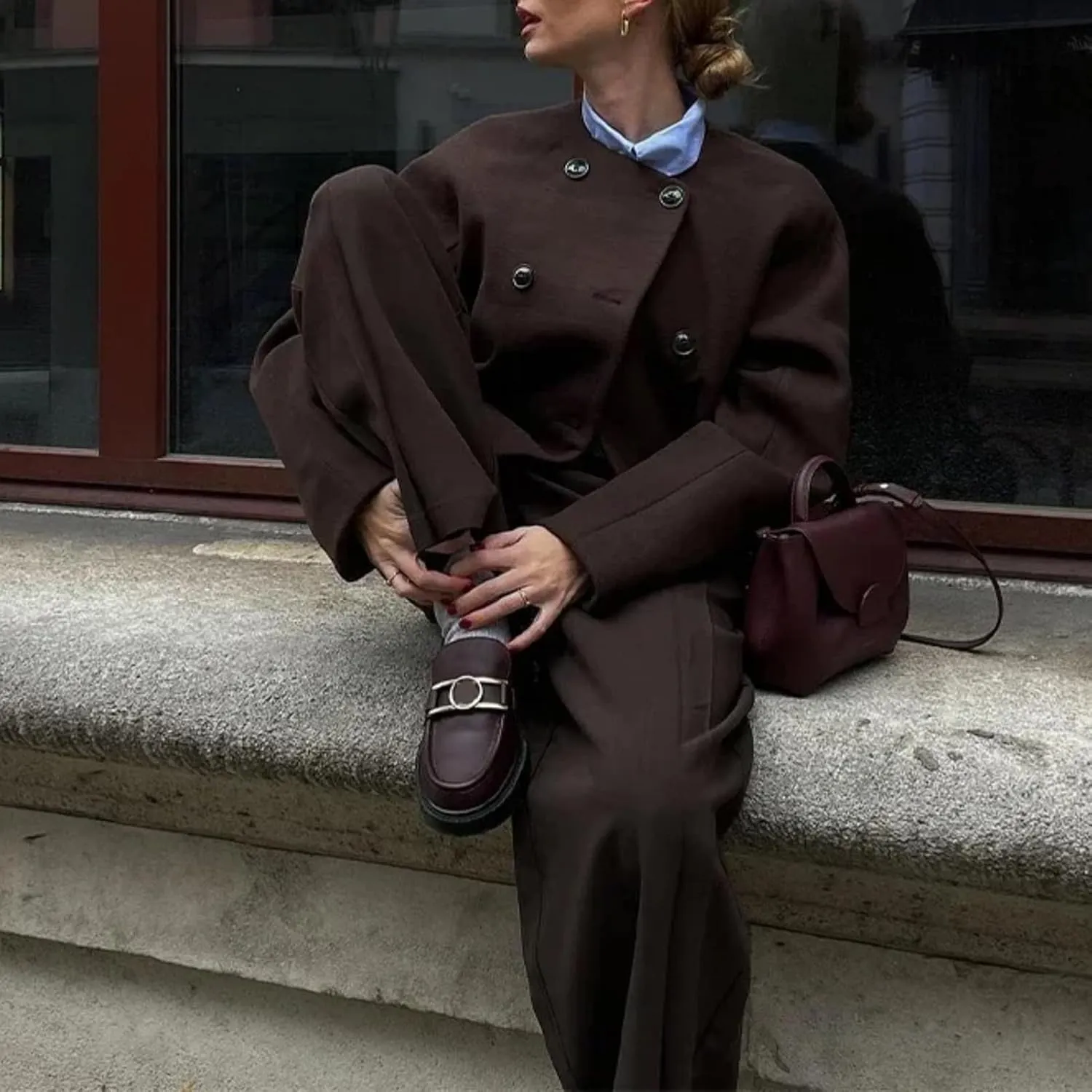 Autumn Vintage Wool Blends Coat Women Double Breasted O Neck Long Sleeve Short Jackets Female Street Chic Outerwear