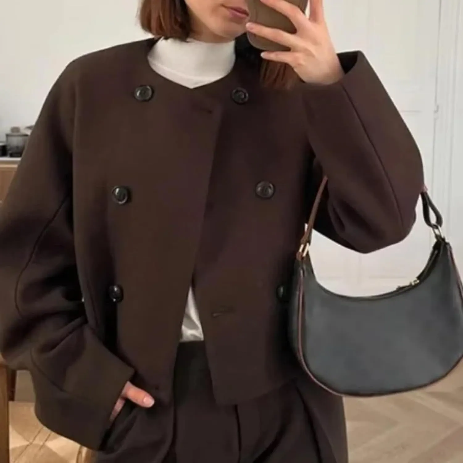 Autumn Vintage Wool Blends Coat Women Double Breasted O Neck Long Sleeve Short Jackets Female Street Chic Outerwear