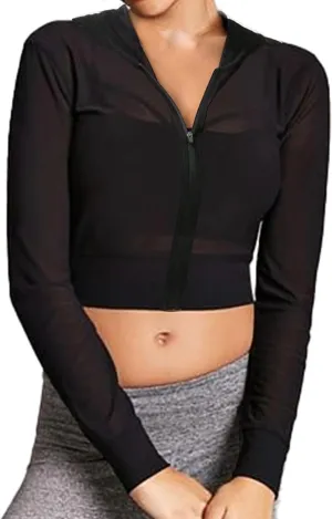Avanova Women Mesh Sheer See Through Hoodie Long Sleeve Workout Hooded Crop Top